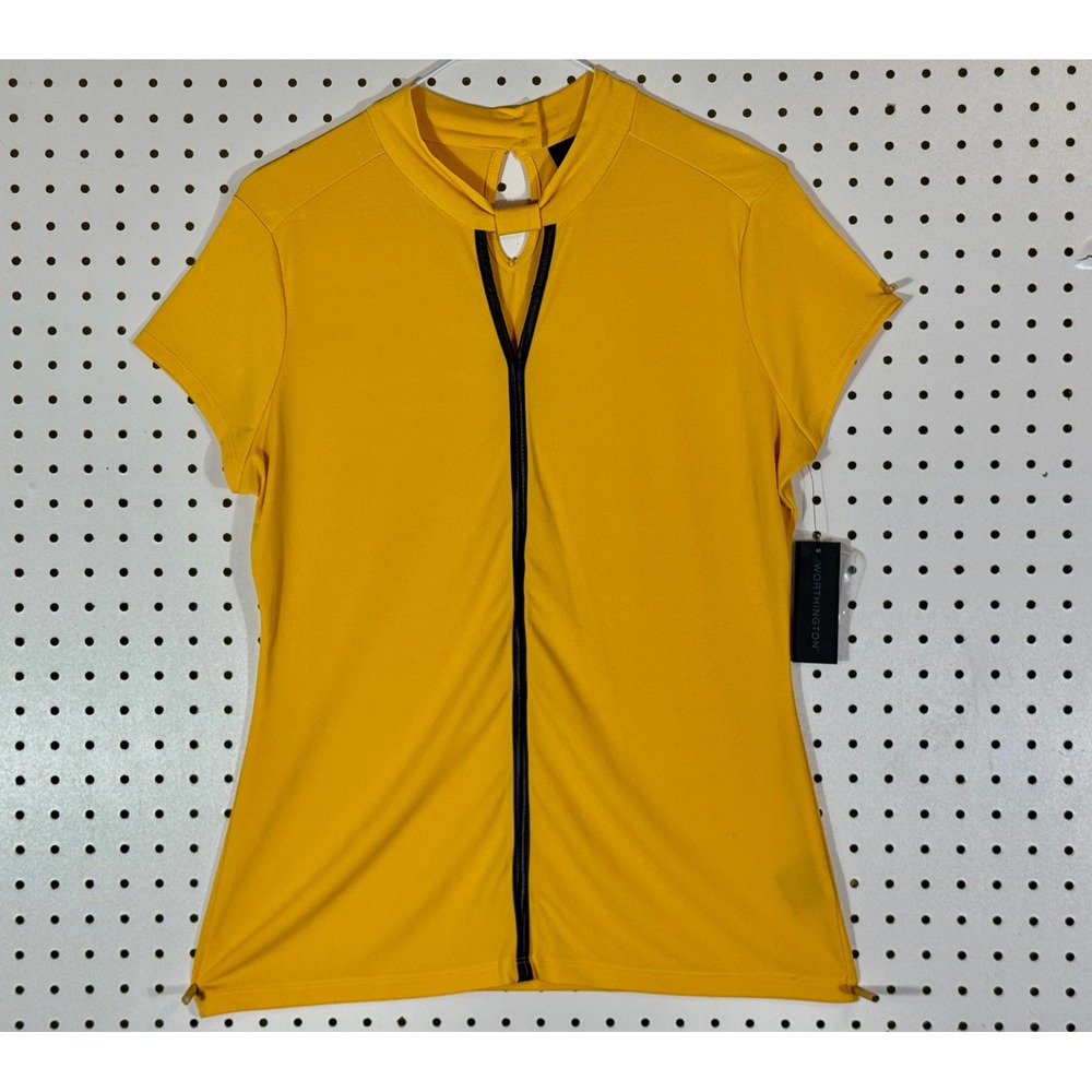Worthington Mustard Yellow Mock Neck Keyhole Short Sleeve Blouse Top Medium NEW